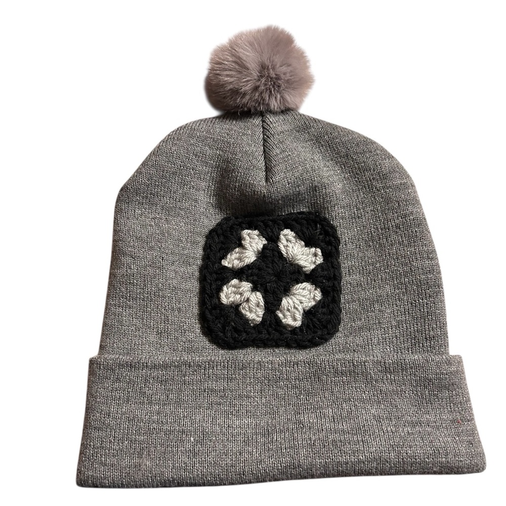 Gray Pom-Pom Beanie with Black and White Design